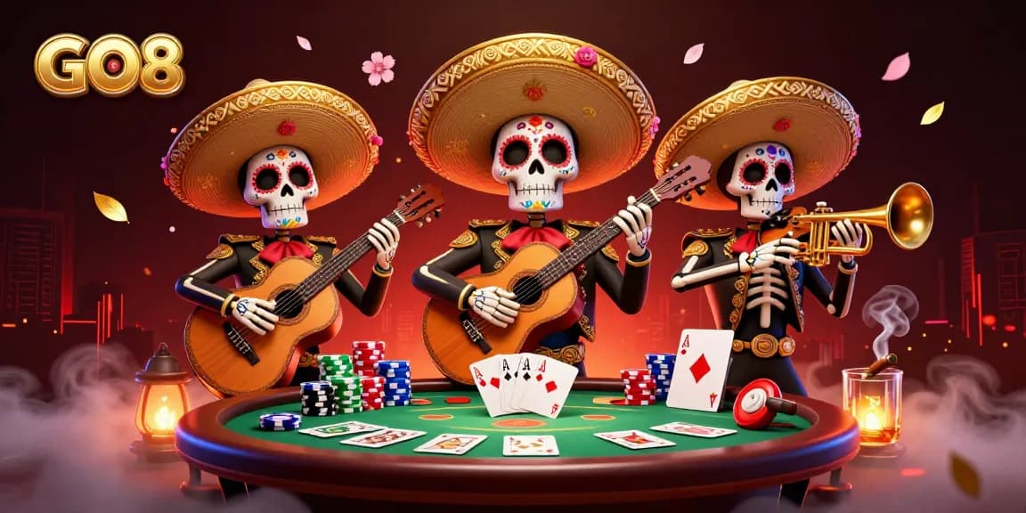 Experience the thrill of GO8's gaming scene with vibrant mariachi skeletons and poker chaos.