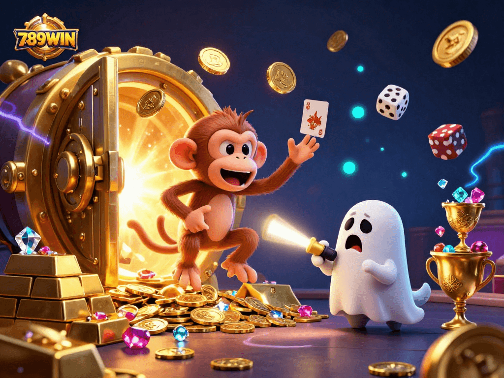 Engage with 789WIN's thrilling haunted casino featuring a mischievous monkey and ghost-hunter puppy.