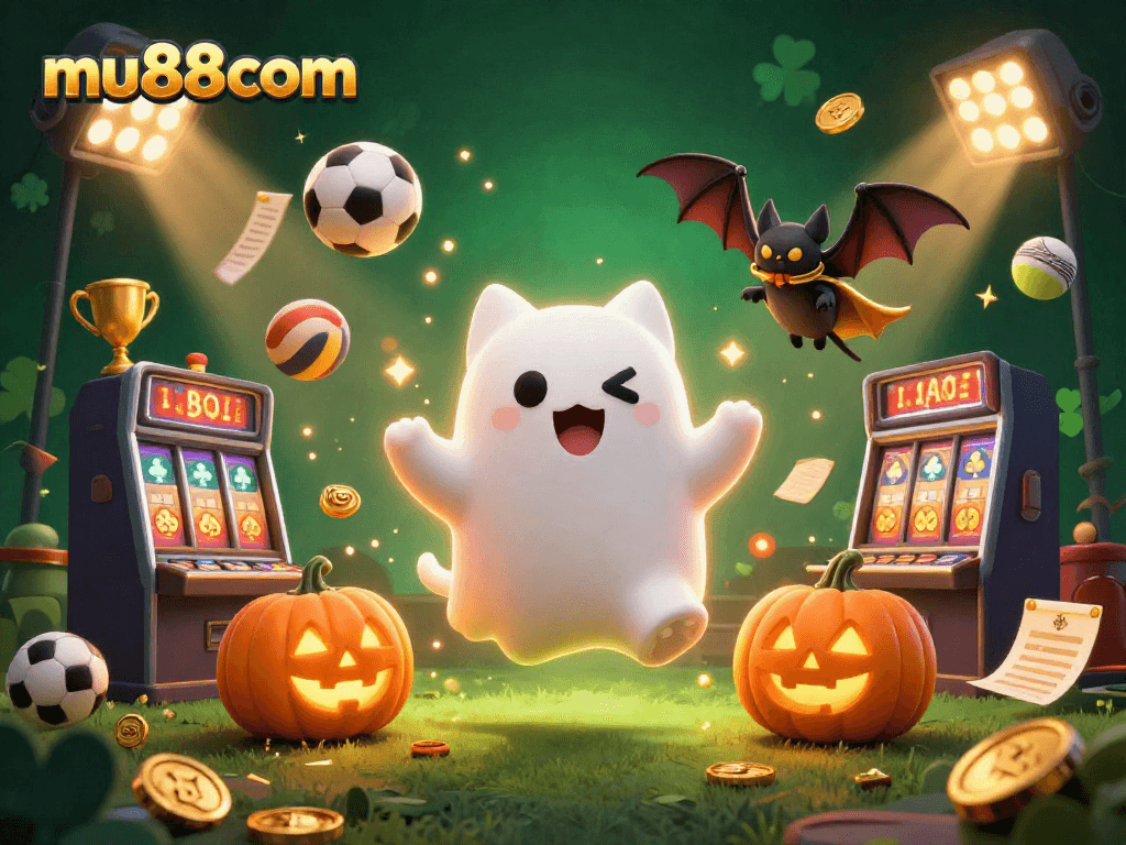 Experience the thrill of mu88com with characters engaging in a haunted casino adventure amid ghostly and sports themes.