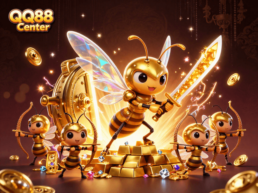 Engage with the thrilling atmosphere of QQ88 Center through a dynamic 3D casino scene featuring gold treasures.