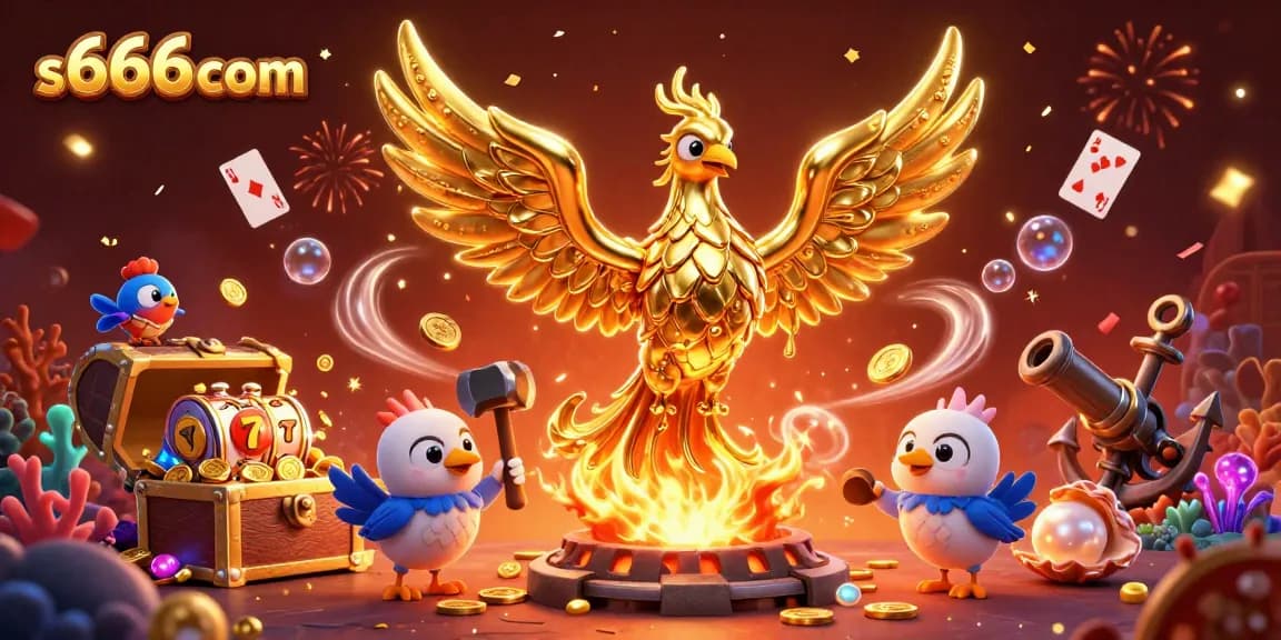 s666com brings the excitement of gaming with a golden phoenix and slot reels in a vibrant casino scene.