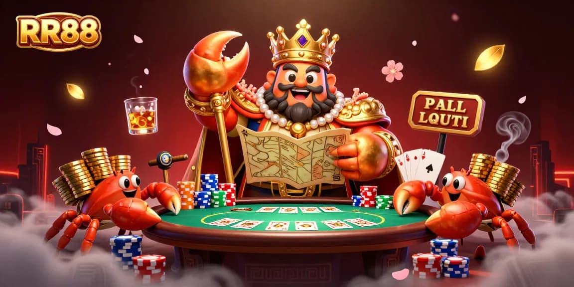 Bet with RR88 at a vibrant casino scene featuring a golden crab emperor and poker elements.