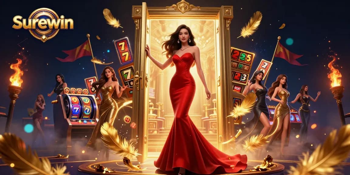 Experience the thrill of Surewin slots with a stylish Asian woman in a luxurious casino.