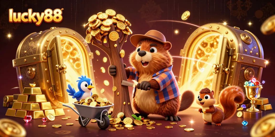 Experience the thrill of lucky88 with golden coins cascading from trees in a vibrant casino world.