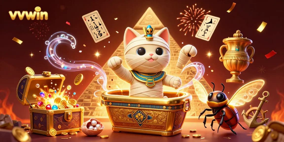 Join the excitement at vvvwin as the Egyptian mummy cat celebrates in a vibrant casino environment.