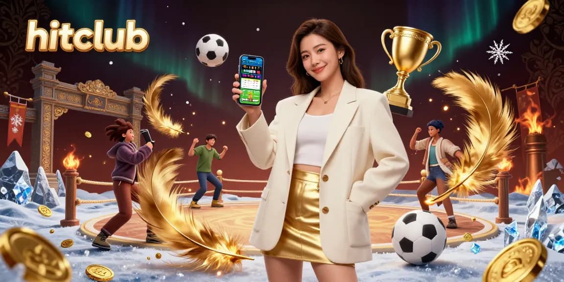 Experience hitclub with a friendly Asian woman showcasing a sports betting app amidst dynamic casino elements.