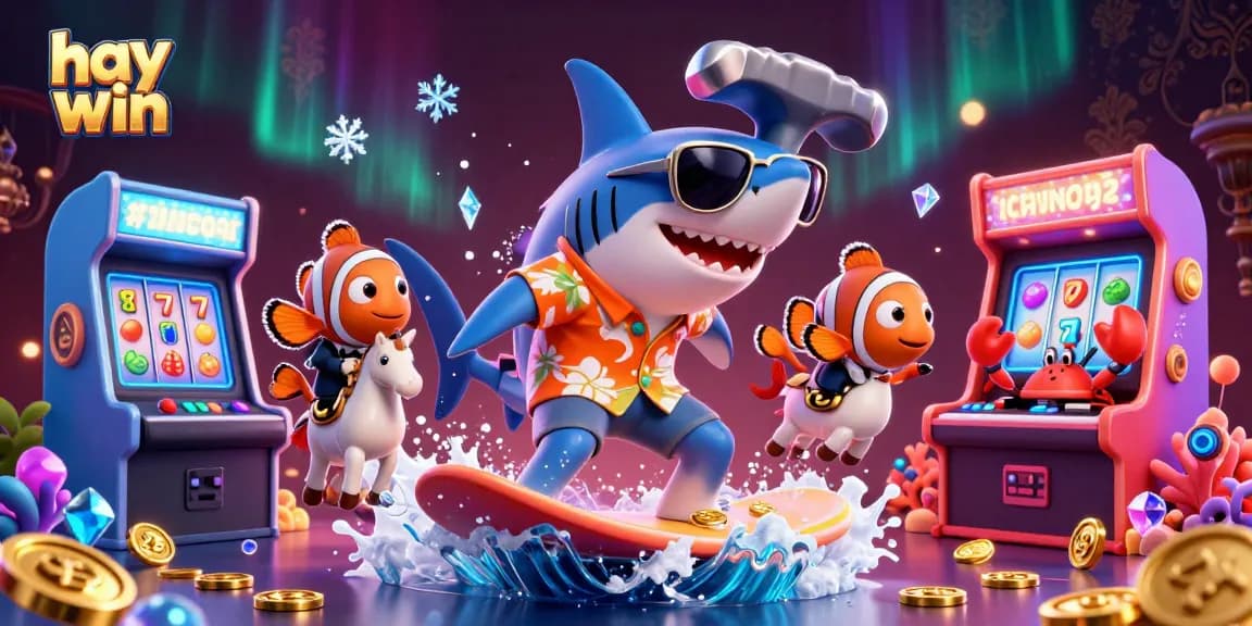 Engage with hay win as a shark surfs gold coins in a vibrant online casino scene.