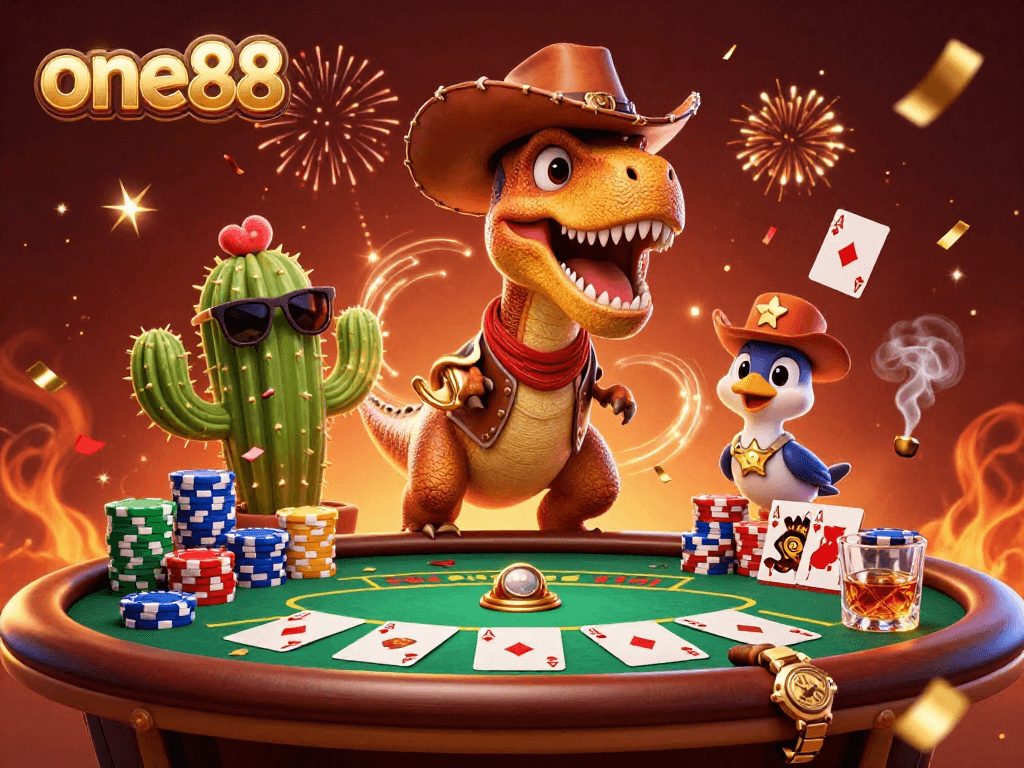 Win big with one88 in this vibrant poker-themed digital illustration filled with gaming excitement.