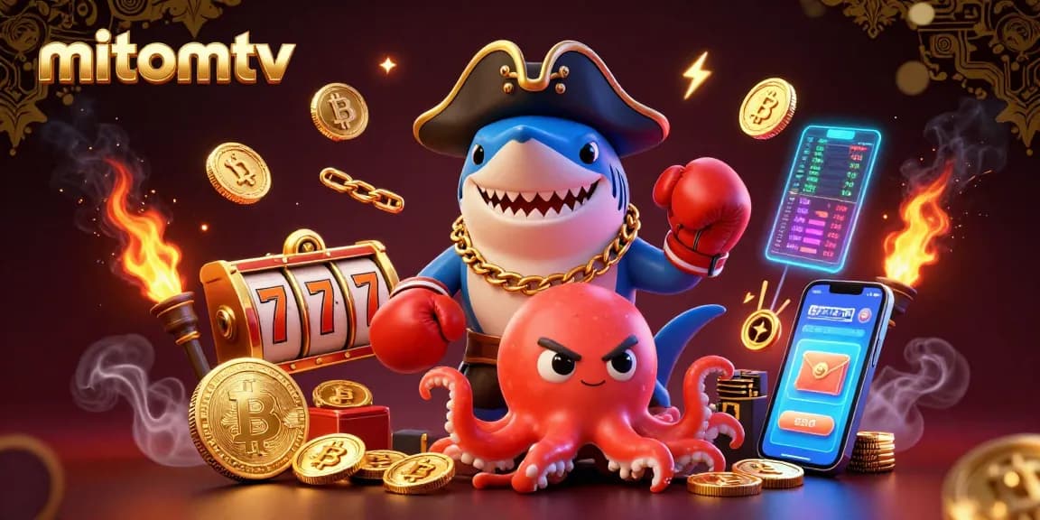 Engage with mitomtv through an exciting 3D casino scene featuring vibrant shark and pufferfish characters.