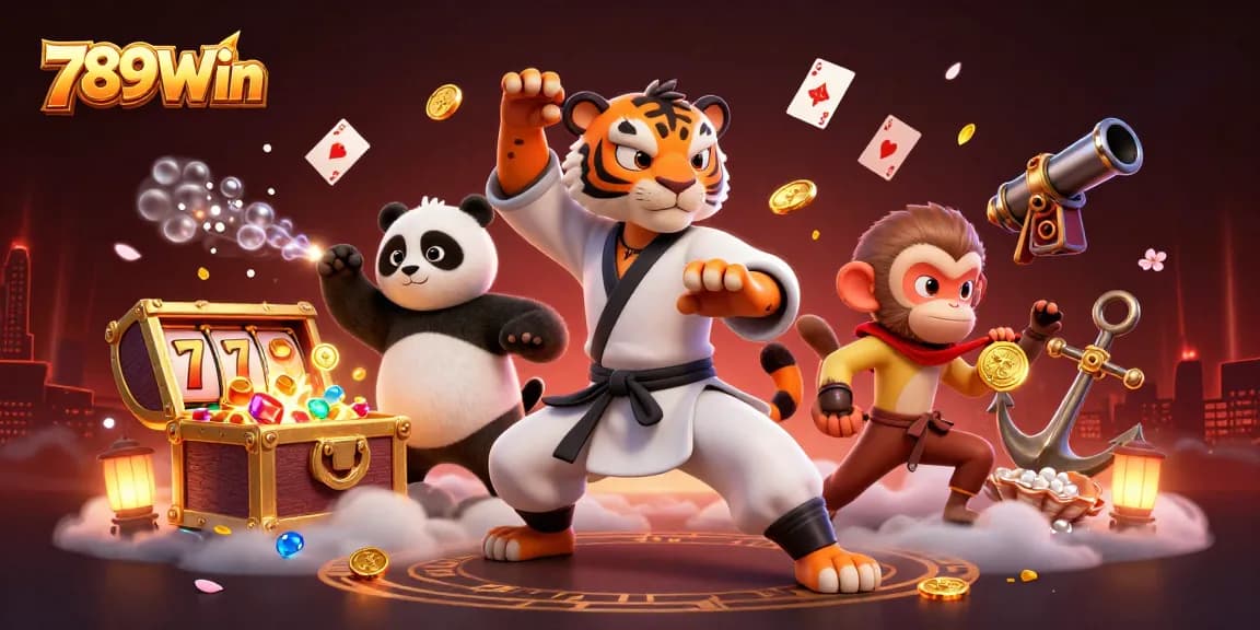 Join the engaging fun of 789Win with vibrant slot games and adventures, featuring the tiger, panda, and monkey characters.