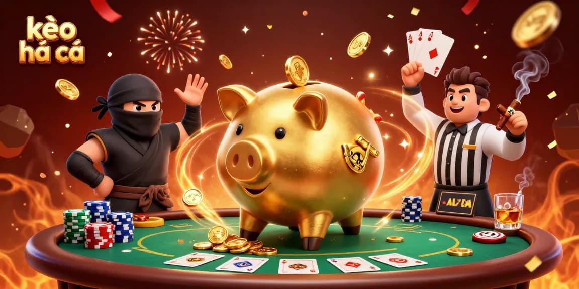 Engaging kèo nhà cái scene with golden piggy bank sumo wrestler and poker elements in a lively casino setup.