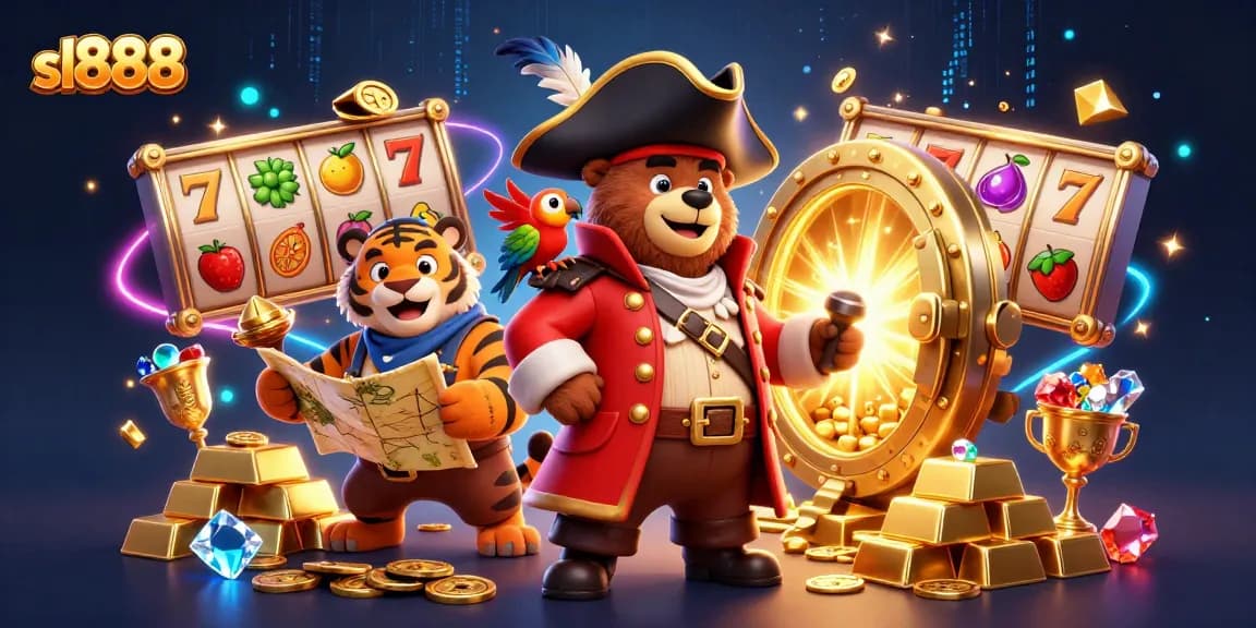 Experience the thrill of sl888 as vibrant slot symbols and treasures burst from a pirate-themed scene.