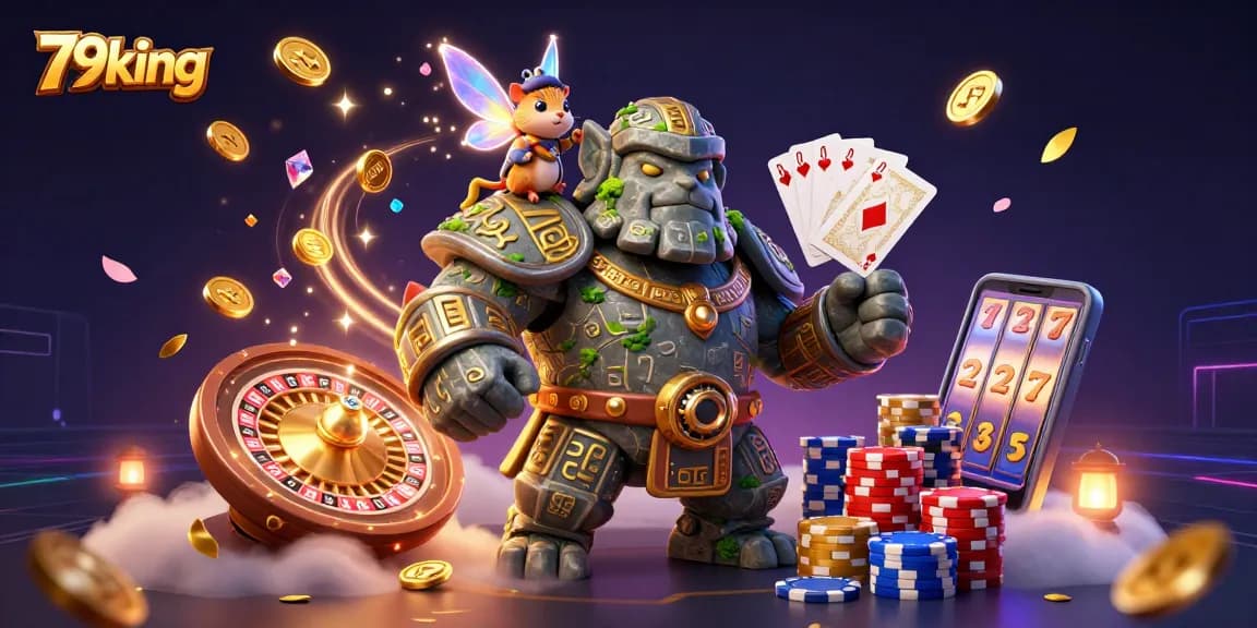 Engage with 79king’s vibrant casino scene featuring a golem and knight, surrounded by magical elements.