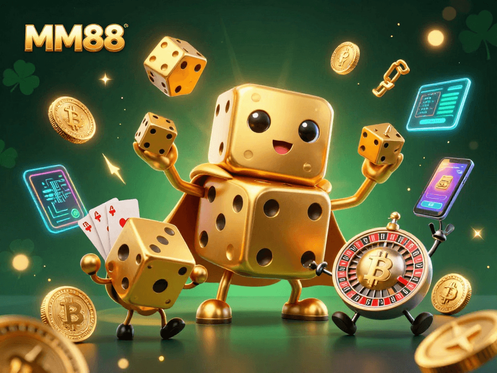 Engage with MM88's vibrant 3D casino scene featuring a golden dice golem and cryptocurrency elements.