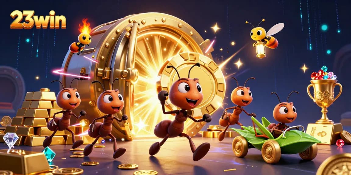23win brings excitement as ants heist giant poker chip in a dazzling casino-themed scene.