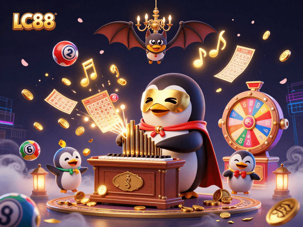 Experience exciting wins at LC88 with golden coins raining down from a whimsical 3D scene.