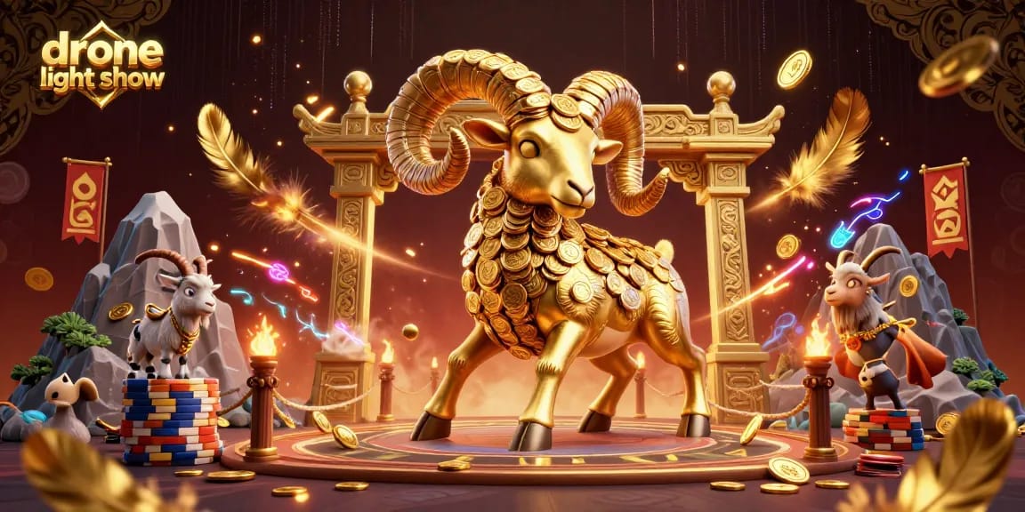 Experience an exhilarating drone light show surrounded by dynamic casino elements in a vibrant 3D illustration.