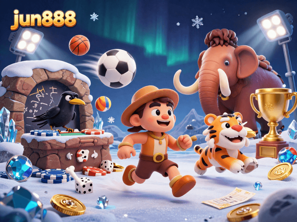 Experience the thrill of jun888's prehistoric casino with 3D cartoon characters and dynamic sports elements.