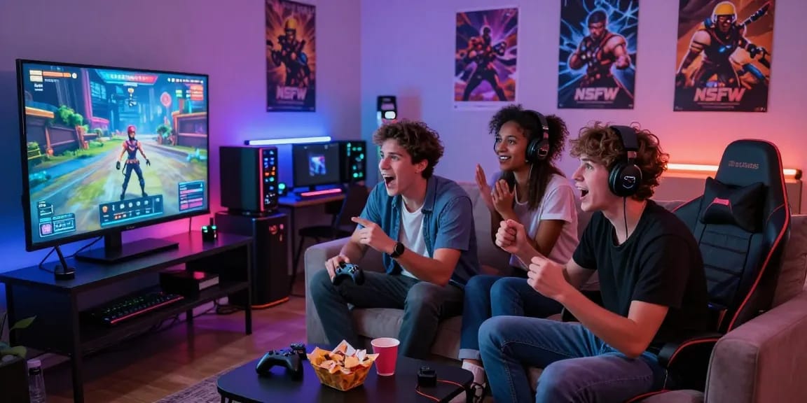 Friends enjoying engaging NSFW AI gaming experience with vivid LED lights