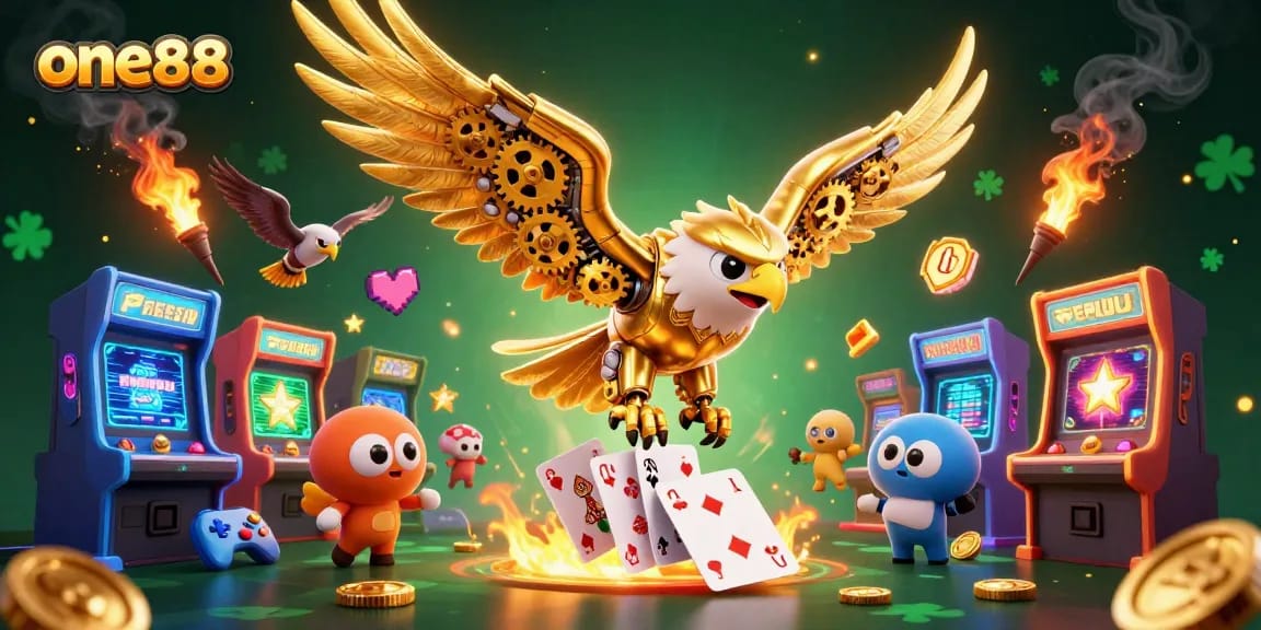 Experience the thrill of one88 with a futuristic golden eagle diving through holographic playing cards amidst vibrant arcade elements.