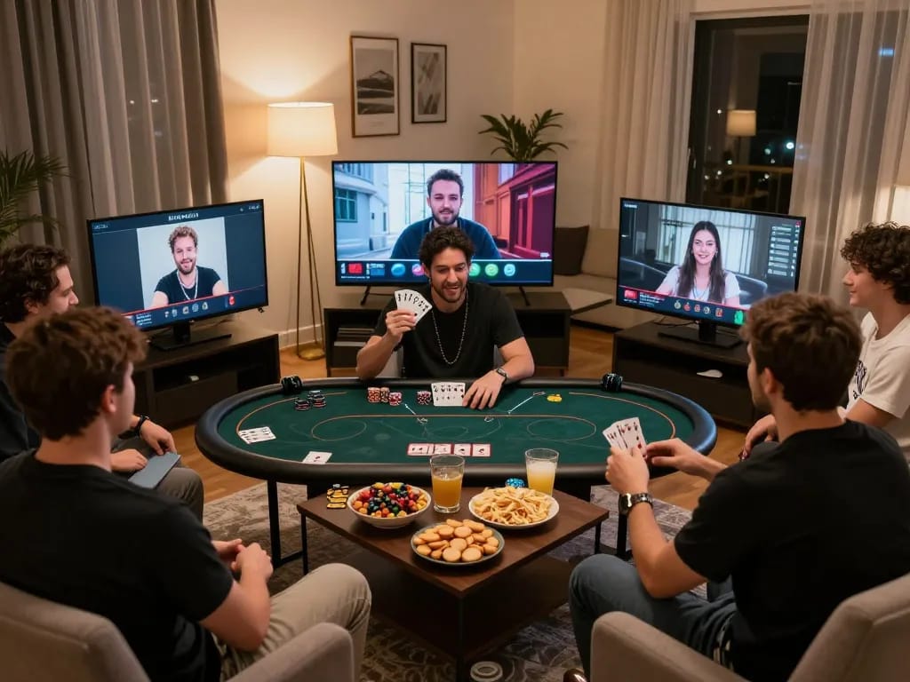 Engaged players enjoying a virtual poker game at the 888new casino, showcasing a lively online gaming night.