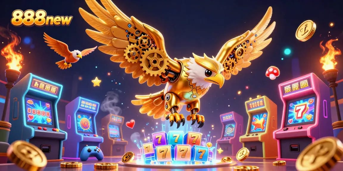 Experience thrilling gameplay with 888new as golden eagle dives through vibrant slot reels.