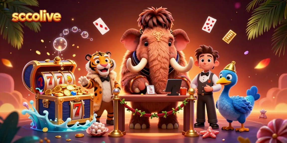 socolive features a vibrant casino scene with a mammoth bouncer, VIP guest, and gaming elements.