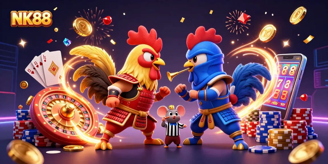 NK88 cockfighting roosters clash amid vibrant casino elements, showcasing a thrilling gaming scene.