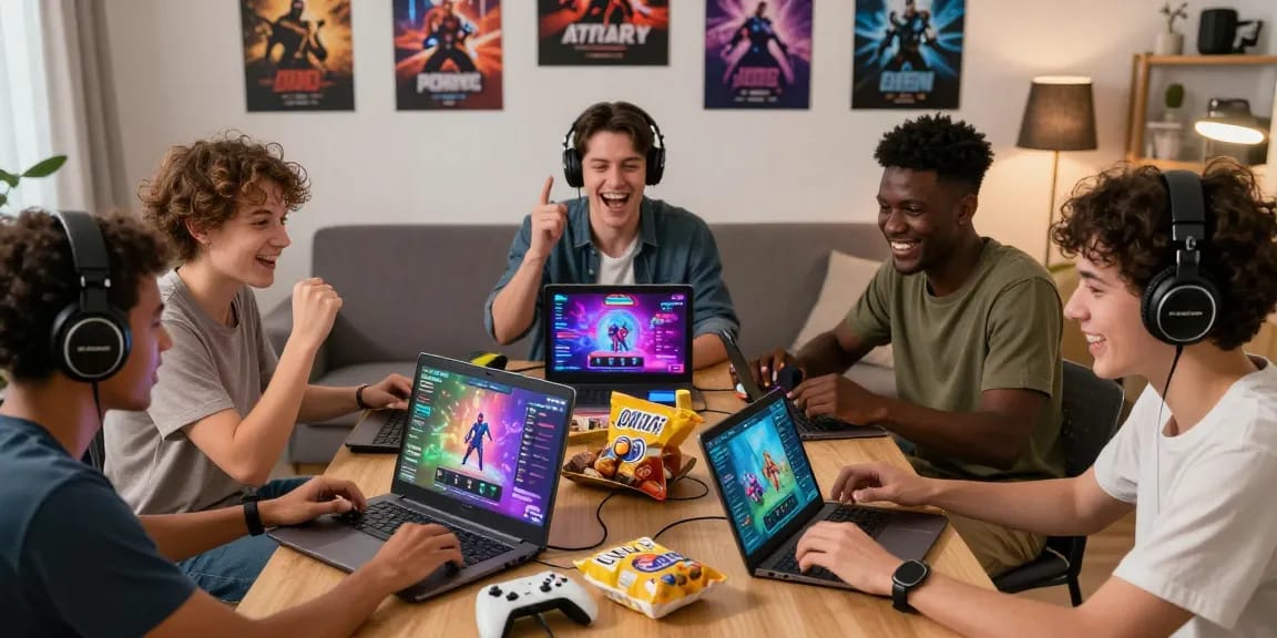 Friends enjoying online sex games on various devices in a vibrant living room.