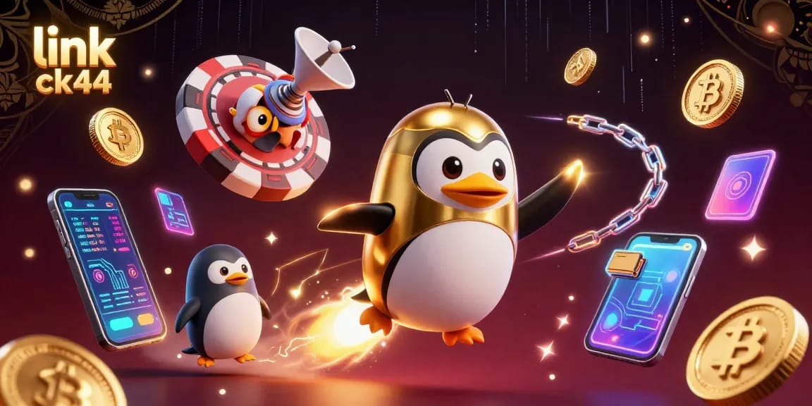 Play exciting games at link ck44 while enjoying rich visuals of a rocket-powered penguin and crypto elements.