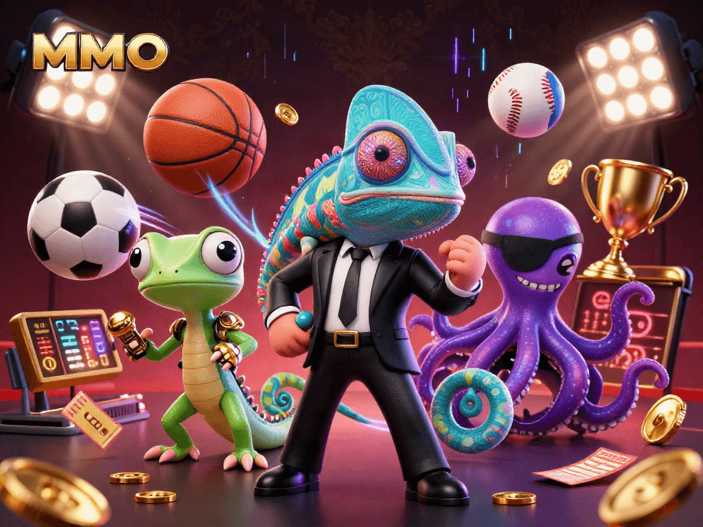 MMOO inspires strategic play in an action-packed casino scene featuring vibrant characters and sports elements.