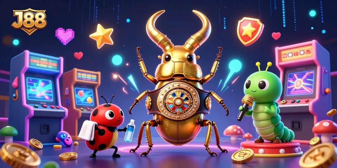 Engage in the thrilling J88 casino scene with a dynamic boxing beetle champion among arcade and gaming elements.