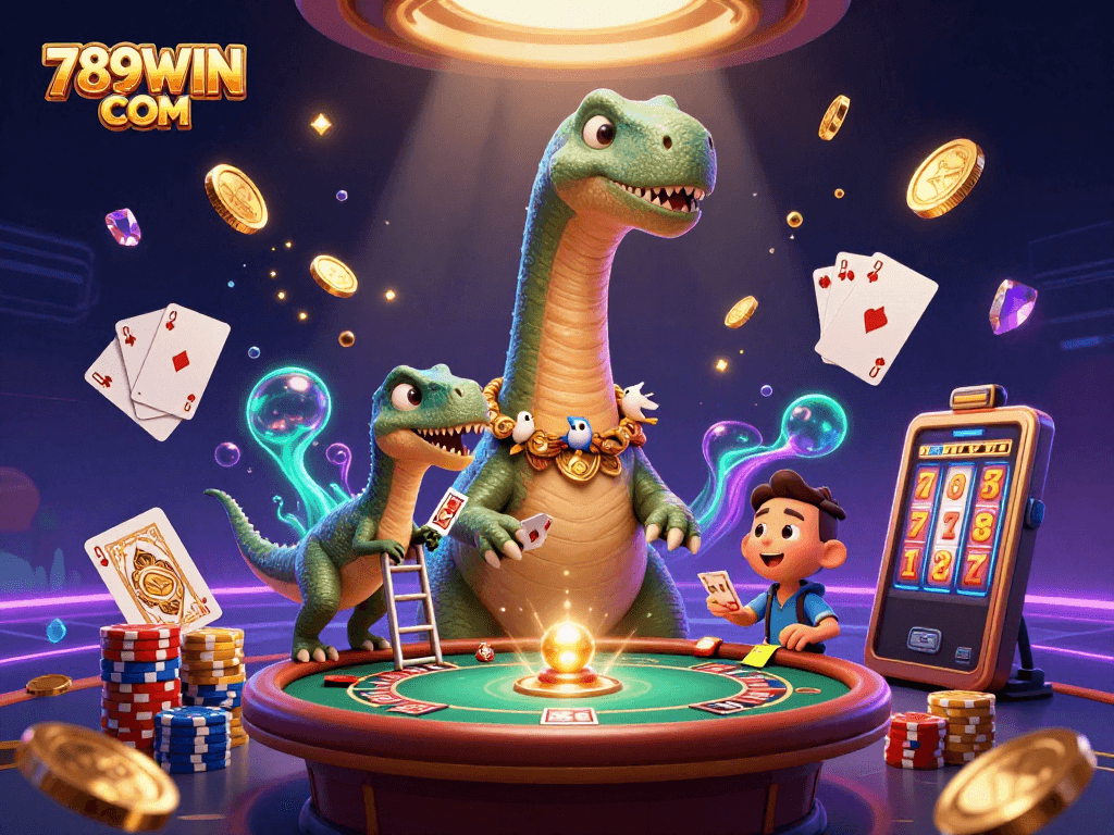 Experience the excitement of 789WIN COM with a thrilling casino scene featuring a dinosaur and vibrant game elements.
