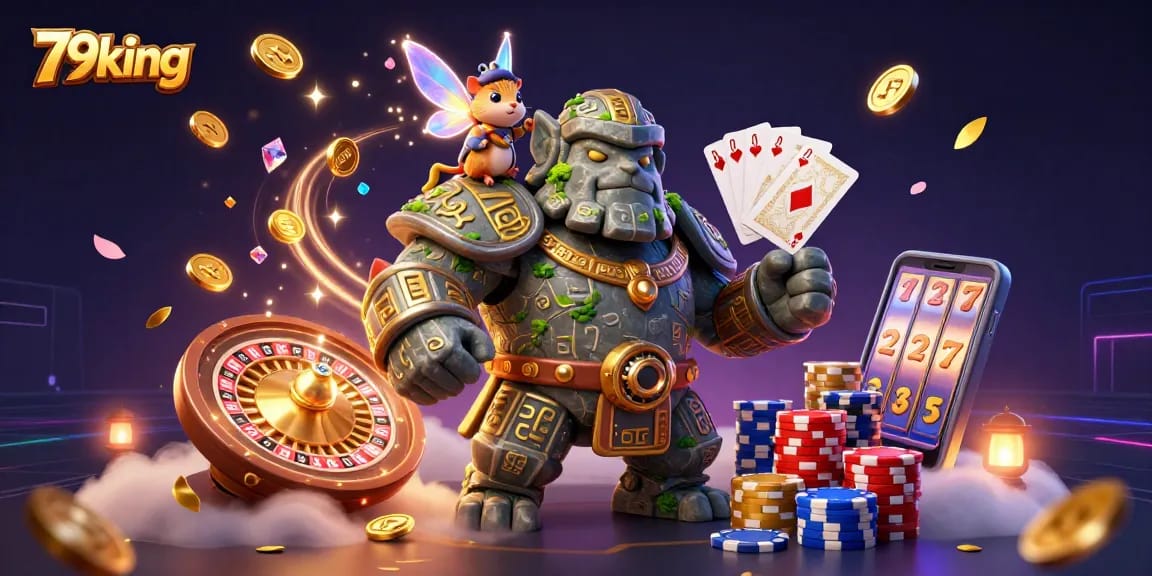 Engage with 79king’s vibrant casino scene featuring a golem and knight, surrounded by magical elements.