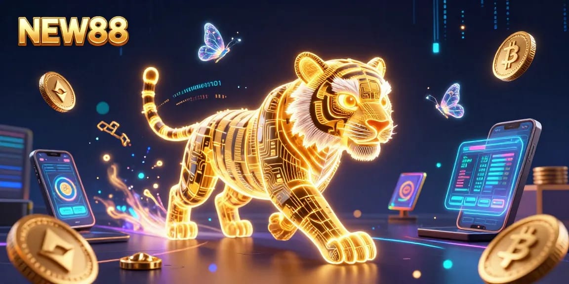 Engage with NEW88's vibrant casino landscape illuminated by a neon-wireframe tiger and crypto elements.
