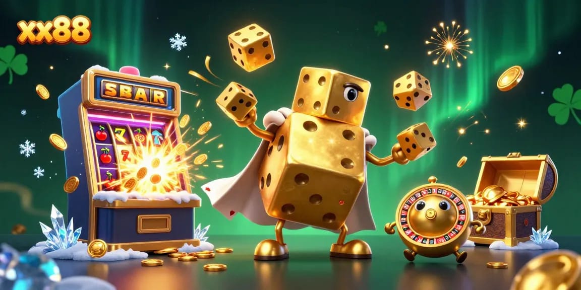 Experience the excitement of xx88 with golden dice golem and bursting jackpots in vibrant casino scene.