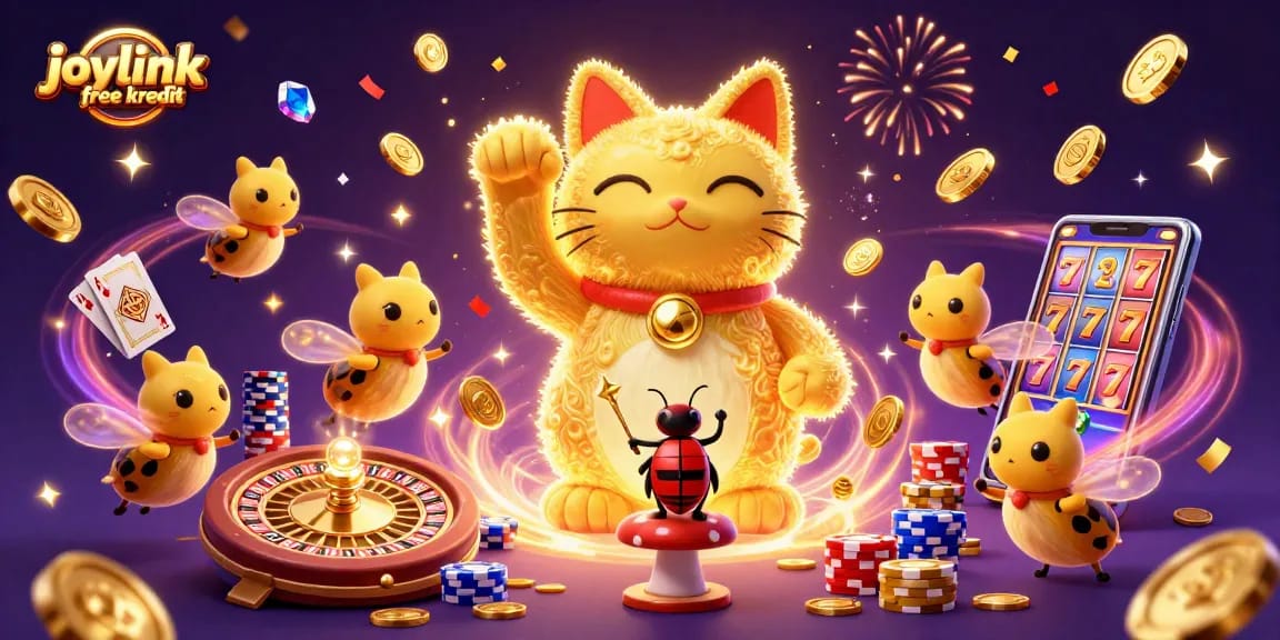 Experience joylink free kredit with a vibrant 3D display of lucky symbols and casino excitement.