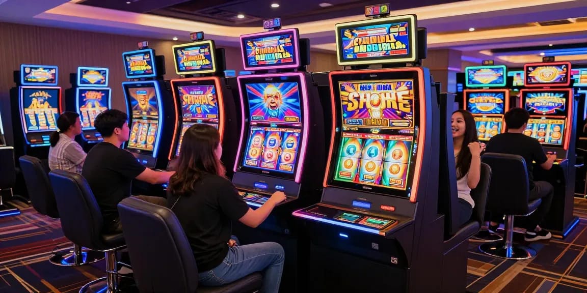 Players enjoying slot gacor machines in a vibrant online casino environment, capturing excitement and community.
