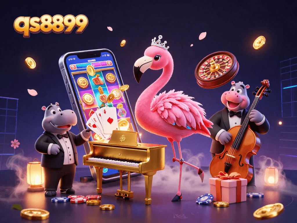 Experience the excitement of qs8899 with our vibrant casino illustration featuring a flamingo singer and hippo bassist.