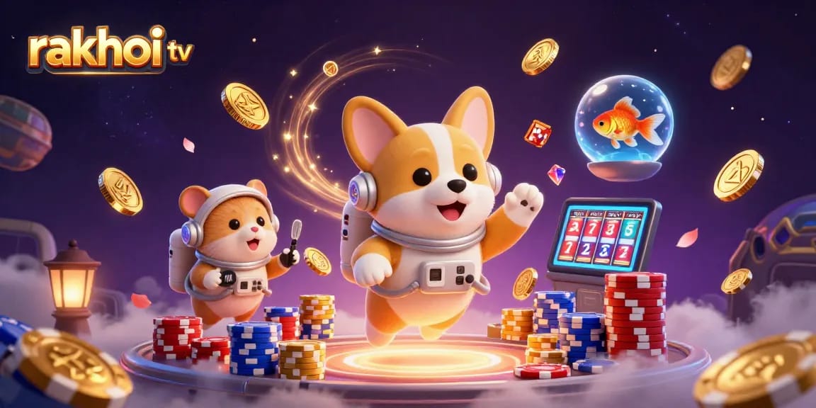 Engage with rakhoi tv in a vibrant casino scene featuring a playful astronaut corgi and a mission hamster.