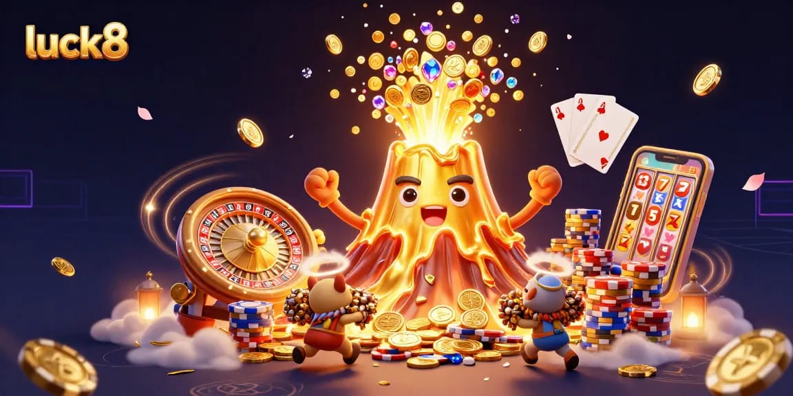 Experience the excitement of luck8 as the volcano erupts with treasures and vibrant casino elements.