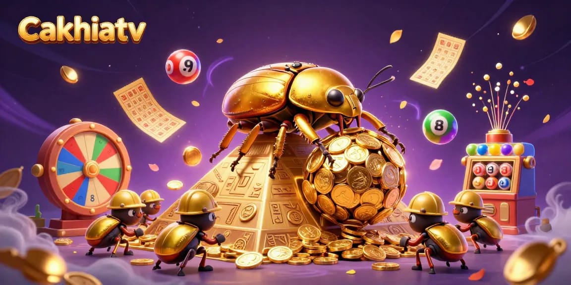 Engage in thrilling gaming with cakhiatv's vibrant lottery scene featuring a golden beetle.