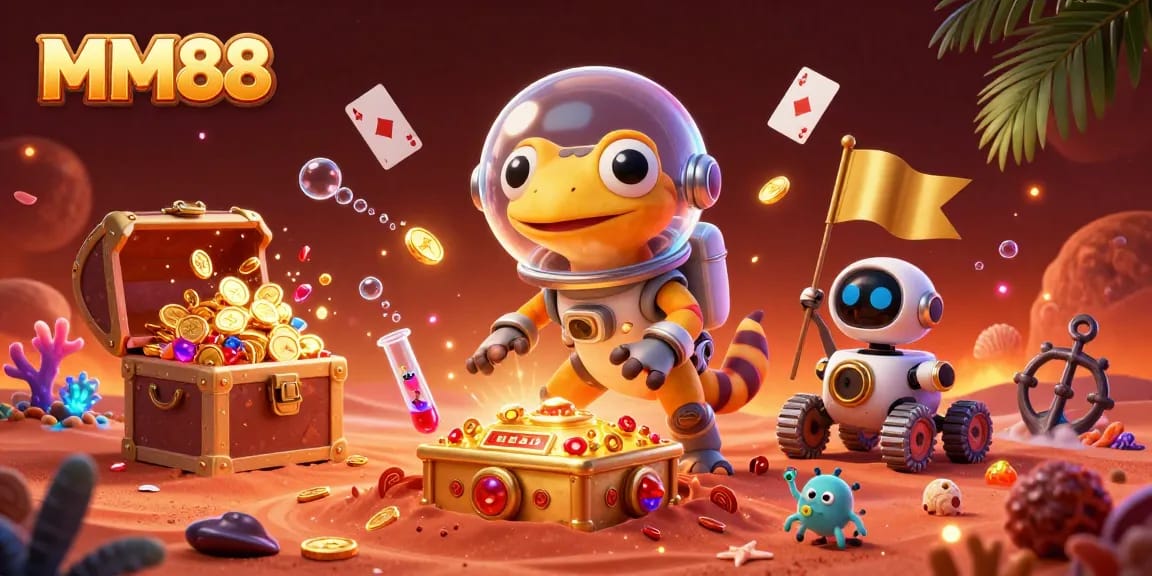 Experience excitement at MM88 with a quirky Martian gecko uncovering treasures in a vibrant casino.