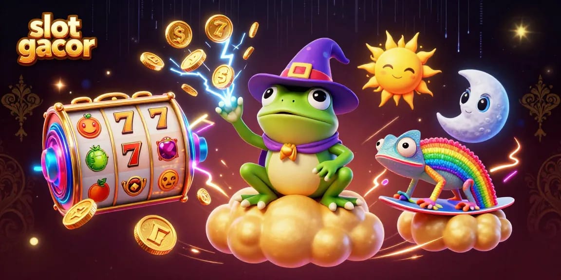 Experience slot gacor magic with a whimsical frog and chameleon in a vibrant casino scene.