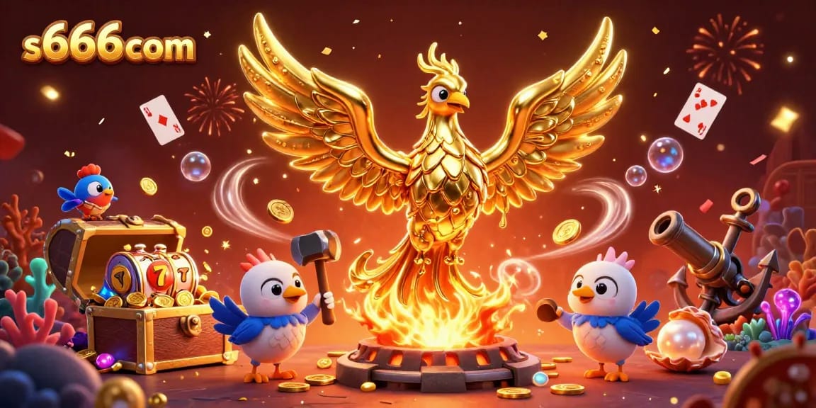 s666com brings the excitement of gaming with a golden phoenix and slot reels in a vibrant casino scene.