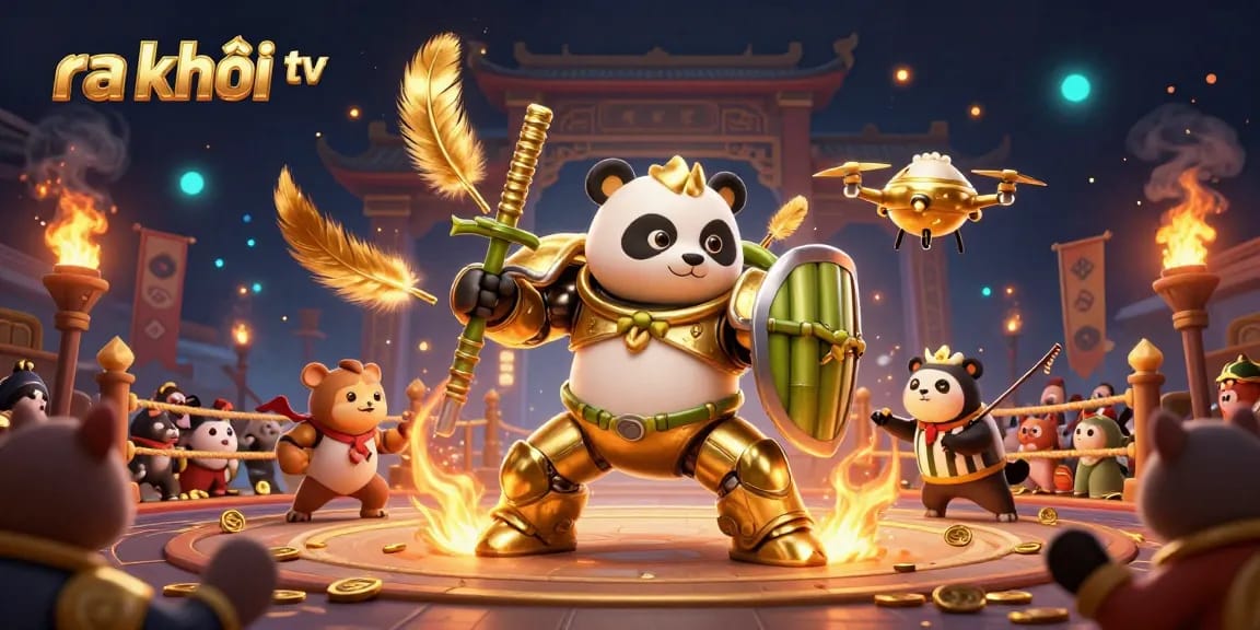 Engage in thrilling gameplay with ra khơi tv, showcasing vibrant 3D panda robot action in a dynamic arena.