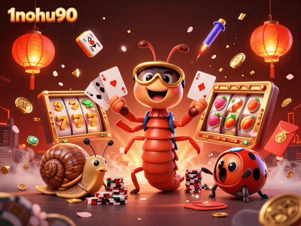 Experience the thrilling atmosphere of 1nohu90 with vibrant characters and dynamic casino elements.