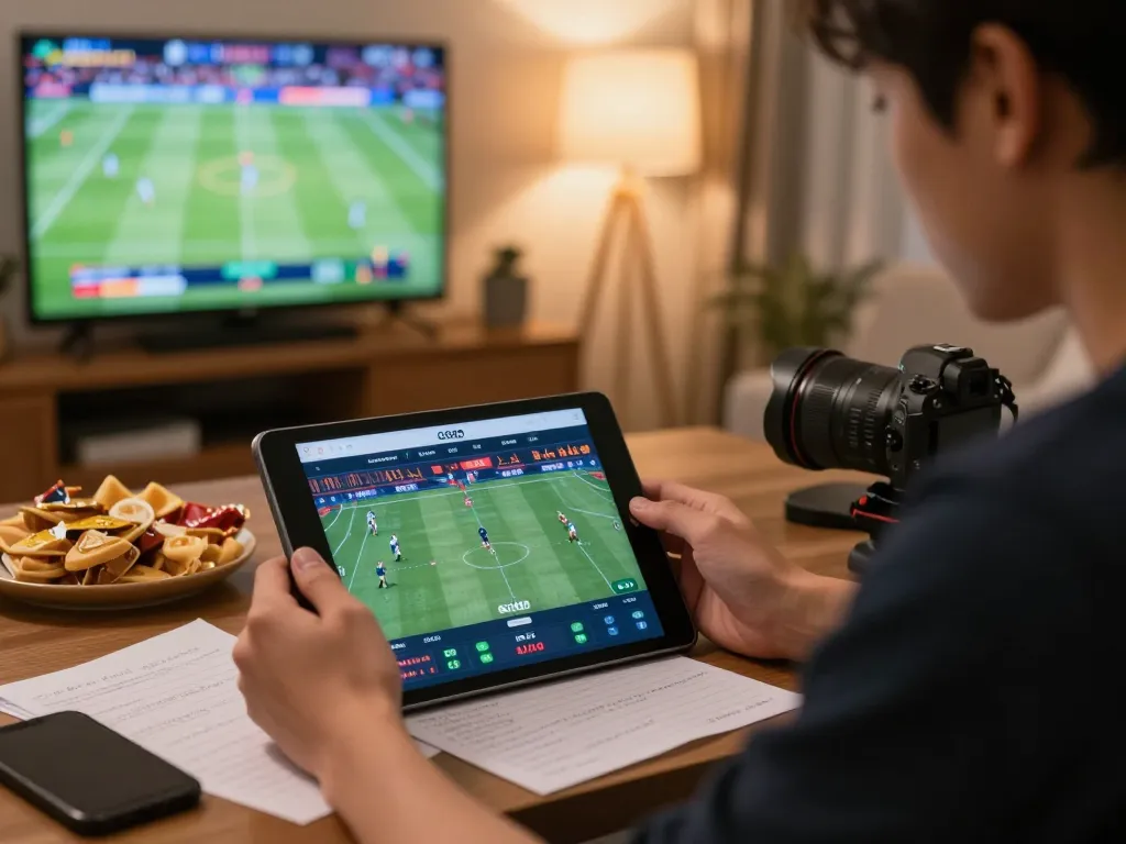 Engaging sports betting scene using GG88 app on a tablet, showcasing live odds in a cozy home setting.