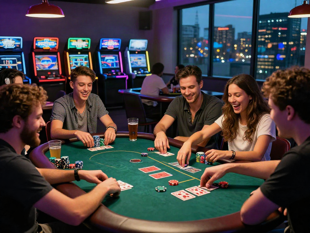 Friends enjoying a lively rokok88 poker night in a vibrant gaming lounge