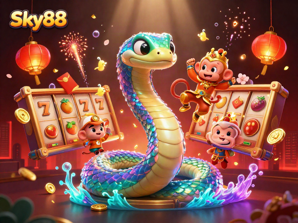 Sky88 brings thrilling slot action to life in a vibrant, detailed 3D scene with colorful characters and elements.